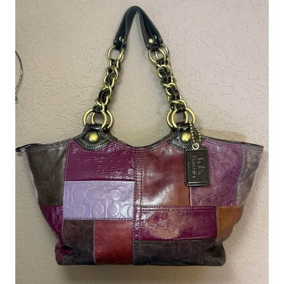 Coach Handbags - Coach Bleeker Patchwork Tote Leather Multi Brass Shoulder Bag Boho Retro Suede